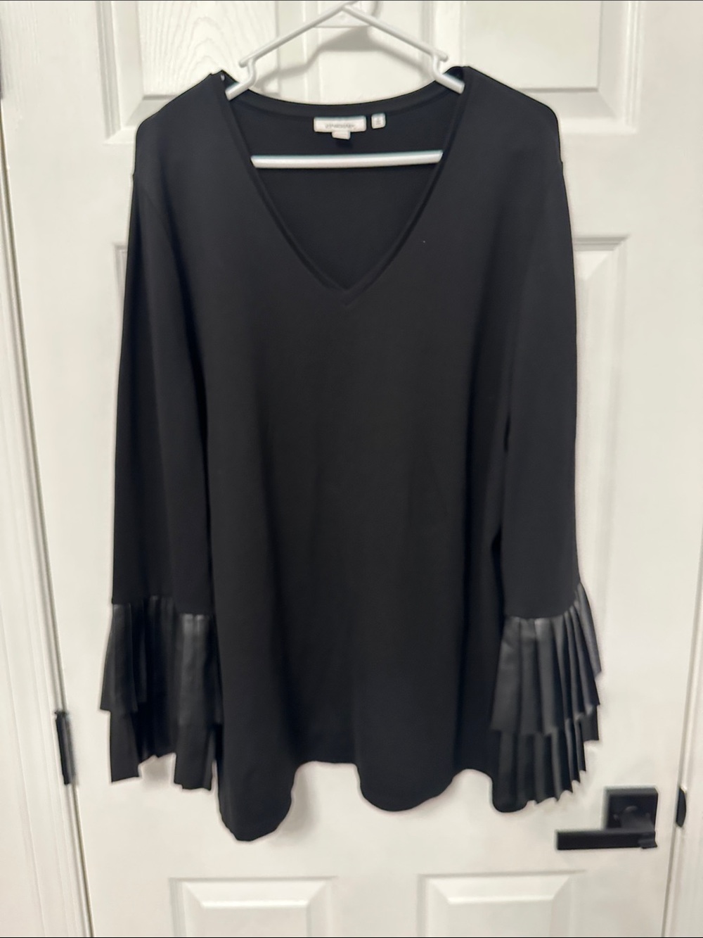 Chicos Black V-Neck Tunic with Pleated Faux-Leather Cuffs worn once